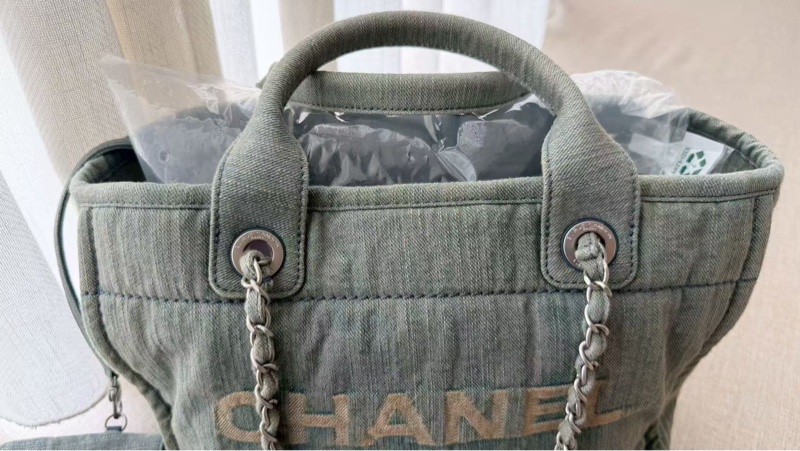 CHANEL 牛仔銀扣子母手提肩背沙灘包中號-3