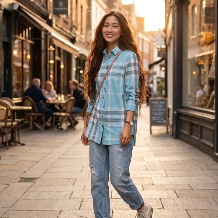 BURBERRY 倫敦 肩扣格紋長版襯衫-0