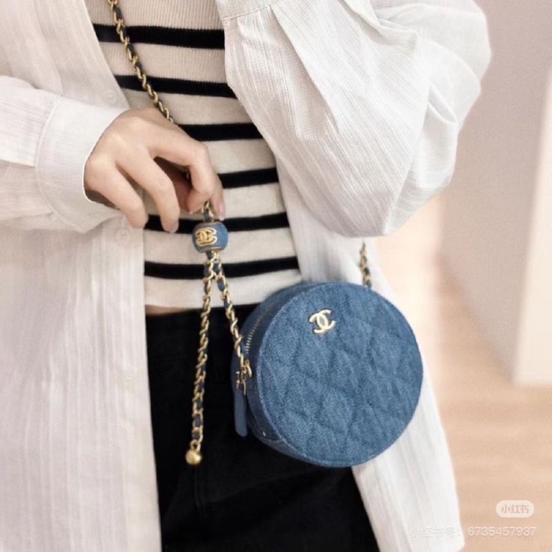 Chanel 金球圓餅包 藍色牛仔金扣 12*12*6 9新 配件盒子 塵袋 保卡 購證-0