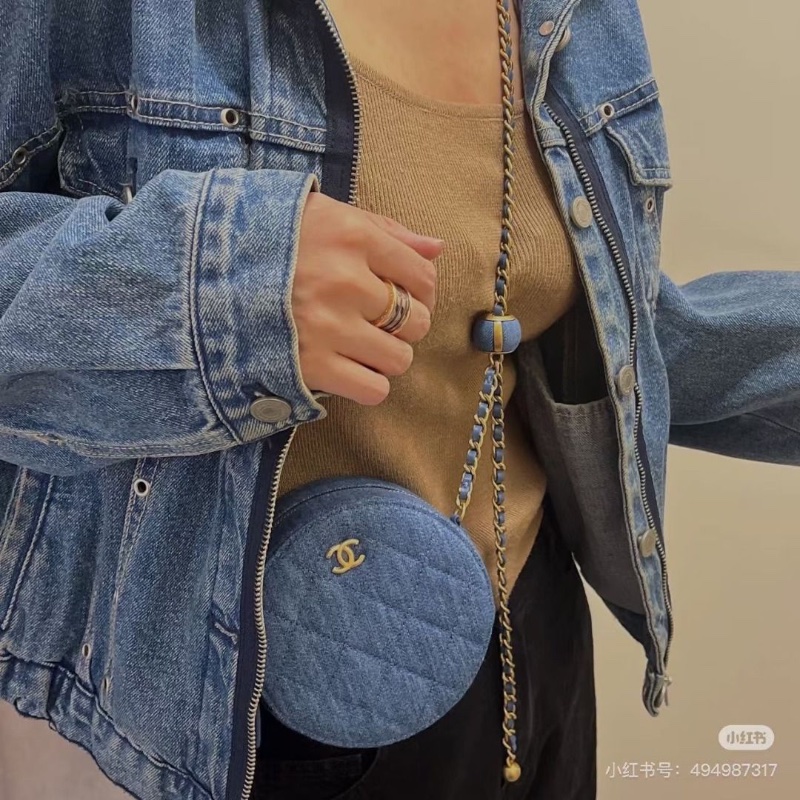 Chanel 金球圓餅包 藍色牛仔金扣 12*12*6 9新 配件盒子 塵袋 保卡 購證-1