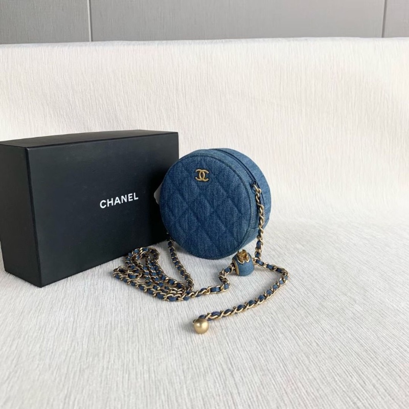 Chanel 金球圓餅包 藍色牛仔金扣 12*12*6 9新 配件盒子 塵袋 保卡 購證-4