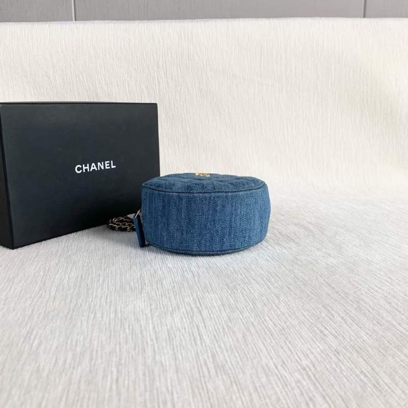 Chanel 金球圓餅包 藍色牛仔金扣 12*12*6 9新 配件盒子 塵袋 保卡 購證-5