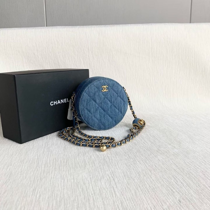 Chanel 金球圓餅包 藍色牛仔金扣 12*12*6 9新 配件盒子 塵袋 保卡 購證-7