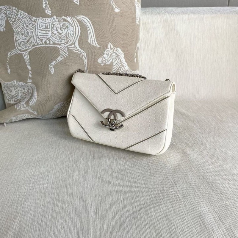 Chanel CF古巴系列口蓋包 鐳射23開 白銀 荔枝皮24*15*5.5 95新 配件塵袋-4