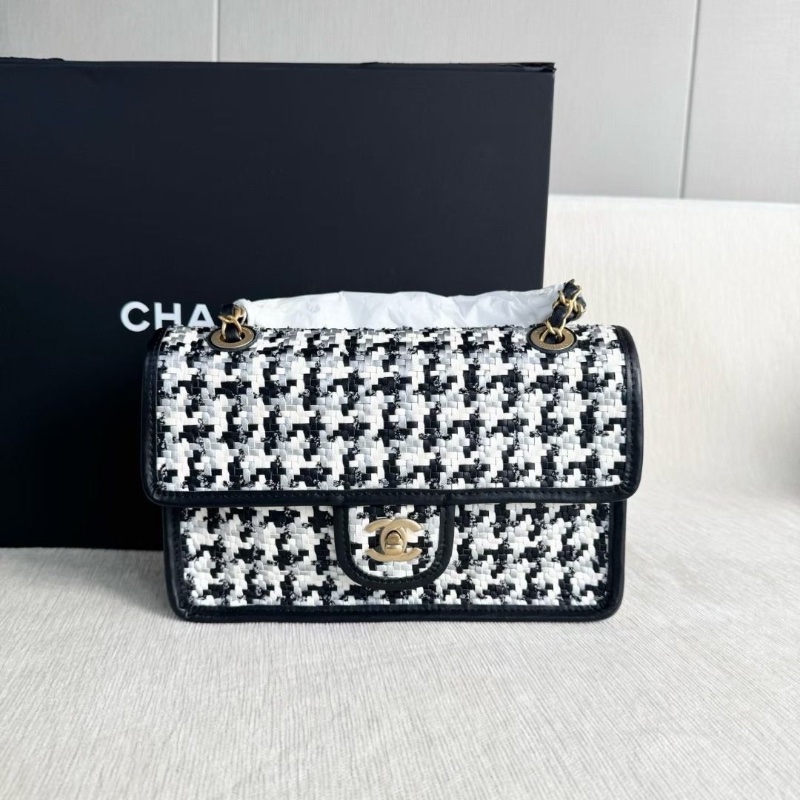 Chanel 千鳥格編織花呢CF 中號 芯片款 金扣 黑白熊貓拼色 24*16*7 95新 配件塵袋 盒子-2