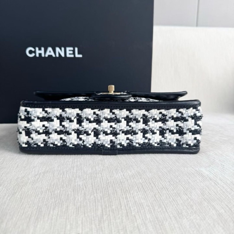 Chanel 千鳥格編織花呢CF 中號 芯片款 金扣 黑白熊貓拼色 24*16*7 95新 配件塵袋 盒子-4