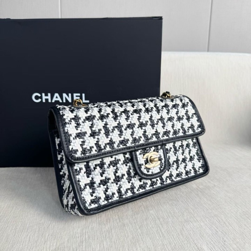 Chanel 千鳥格編織花呢CF 中號 芯片款 金扣 黑白熊貓拼色 24*16*7 95新 配件塵袋 盒子-5