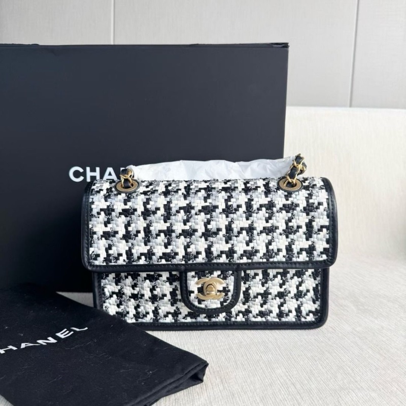 Chanel 千鳥格編織花呢CF 中號 芯片款 金扣 黑白熊貓拼色 24*16*7 95新 配件塵袋 盒子-6