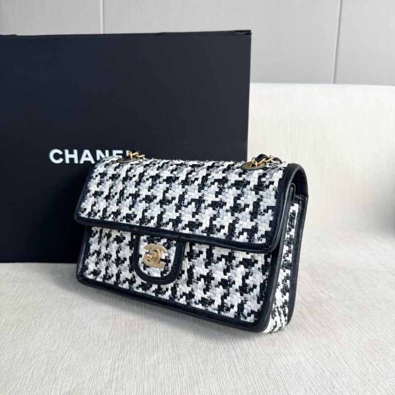 Chanel 千鳥格編織花呢CF 中號 芯片款 金扣 黑白熊貓拼色 24*16*7 95新 配件塵袋 盒子-7