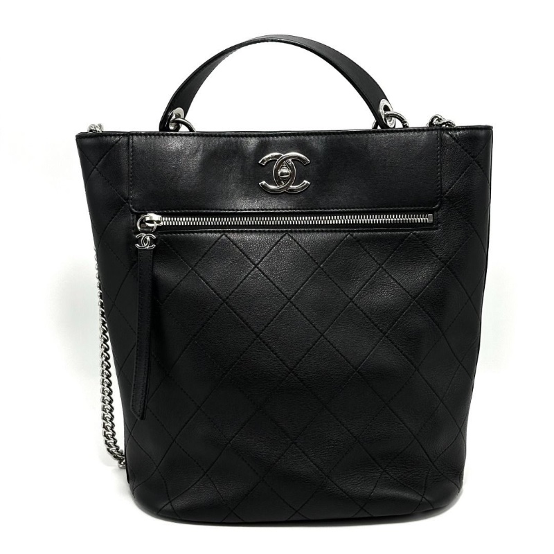 CHANEL 黑銀水桶手提肩背斜背包24*29*14 9新 配件塵袋-1