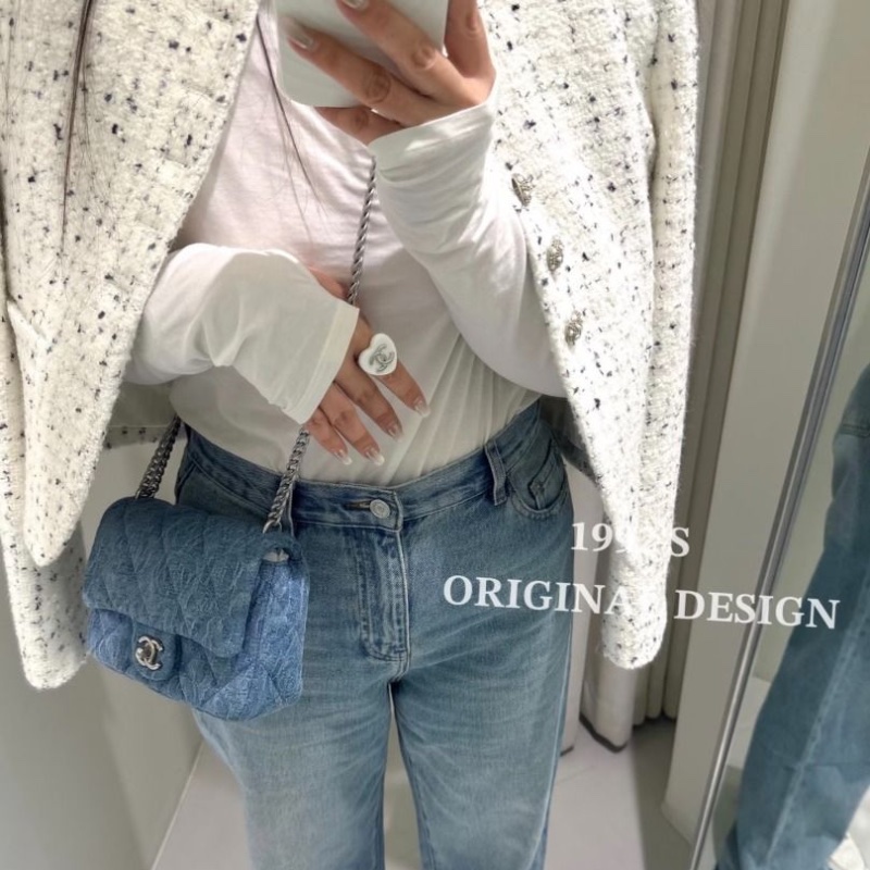 CHANEL 23P牛仔山茶花愛心大號方胖子肩背斜背包23*17*8 95新 配件塵袋-0