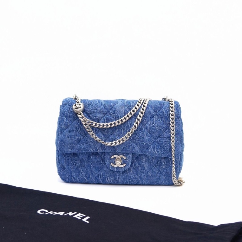 CHANEL 23P牛仔山茶花愛心大號方胖子肩背斜背包23*17*8 95新 配件塵袋-1