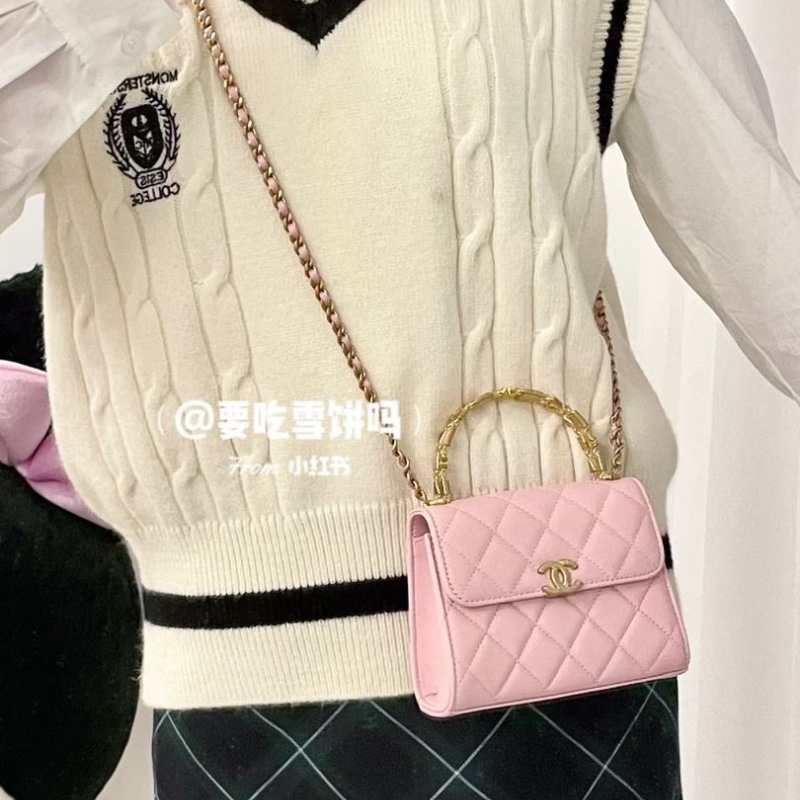 Chanel 22年 芯片款 羊皮粉色琺瑯手柄Kelly 15*11.5*5 9新 配件塵袋-0