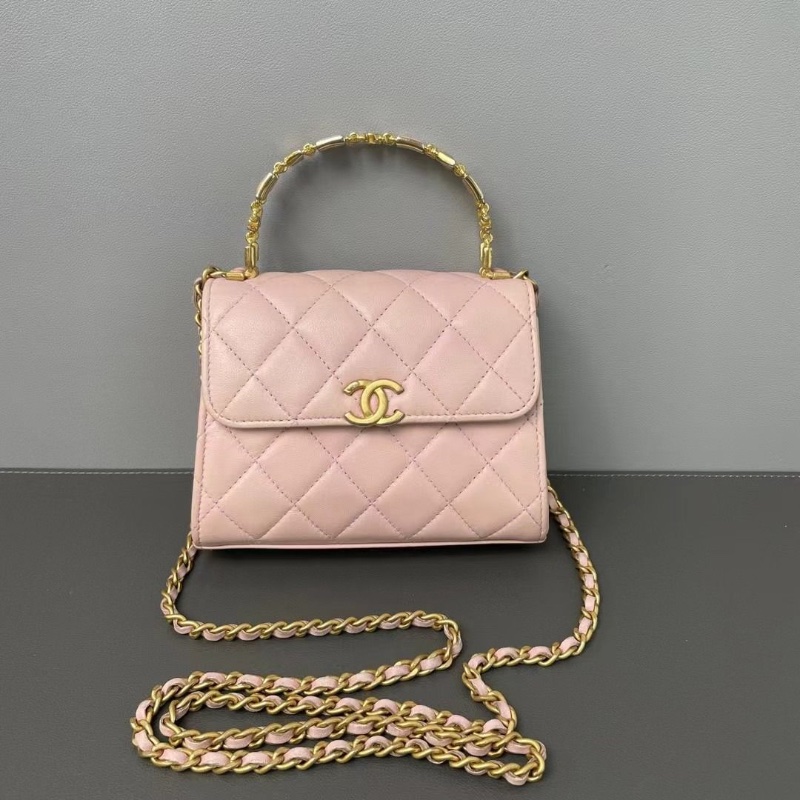 Chanel 22年 芯片款 羊皮粉色琺瑯手柄Kelly 15*11.5*5 9新 配件塵袋-1