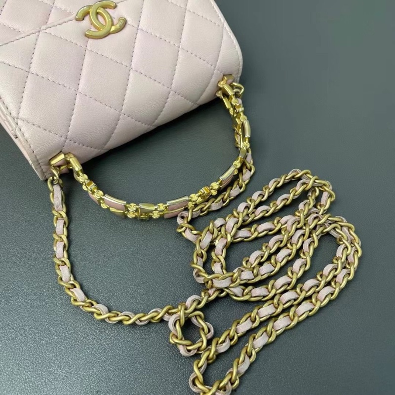 Chanel 22年 芯片款 羊皮粉色琺瑯手柄Kelly 15*11.5*5 9新 配件塵袋-5