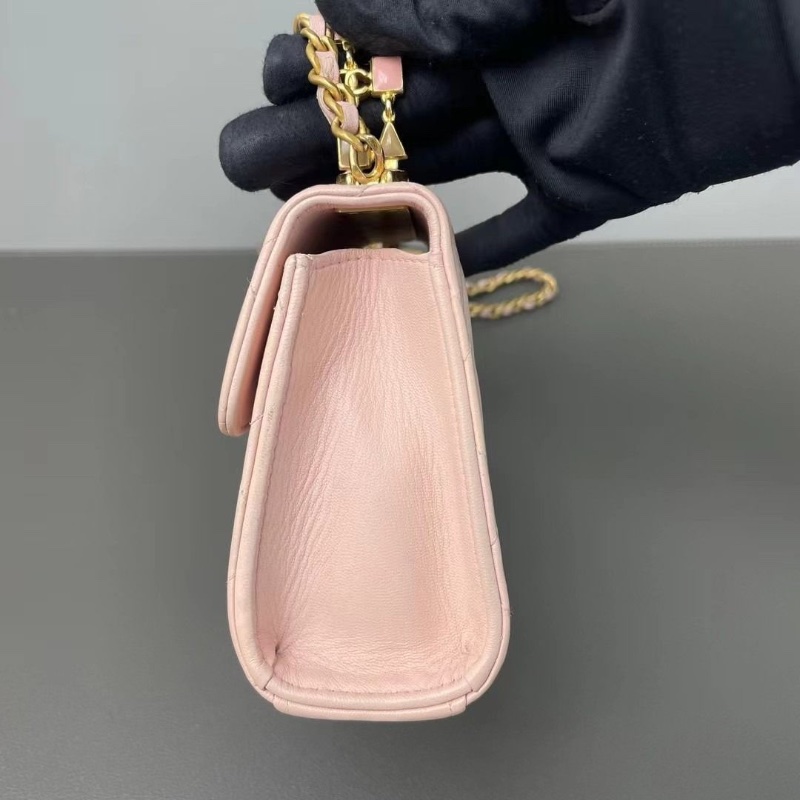 Chanel 22年 芯片款 羊皮粉色琺瑯手柄Kelly 15*11.5*5 9新 配件塵袋-8