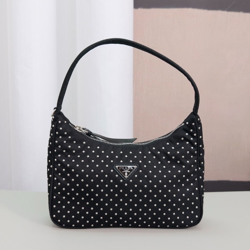 PRADA 黑銀尼龍鉚釘手提hobo包 22*12*5.5 9新 配件塵袋-2