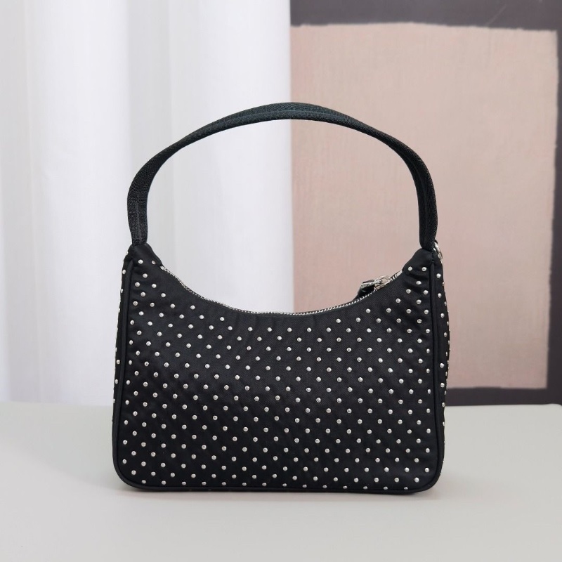 PRADA 黑銀尼龍鉚釘手提hobo包 22*12*5.5 9新 配件塵袋-4