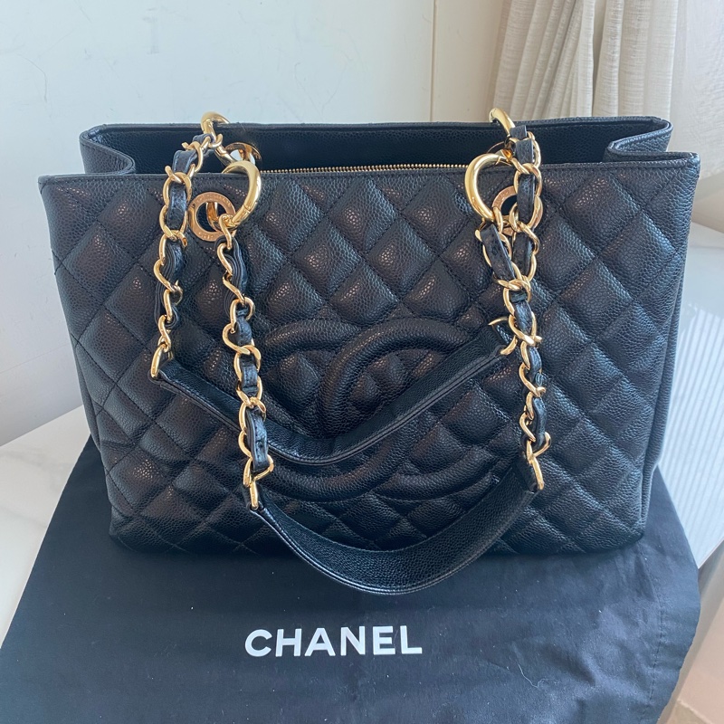 Chanel 黑金托特GST菱格紋雙C荔枝牛皮-0