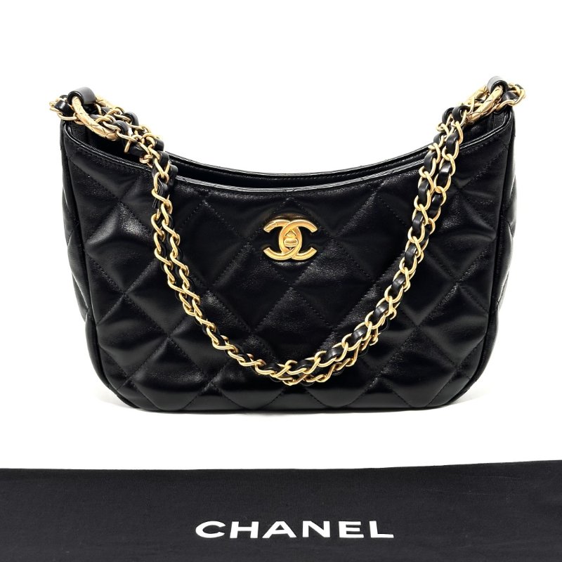 CHANEL 黑金羊皮hobo肩背腋下包 25*18*7 99新配件塵袋-1