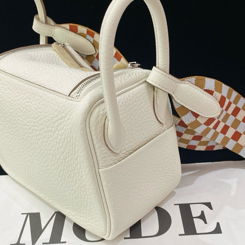 閒置新Hermes/愛馬仕Mini lindy 蘑菇白 編織肩帶手提包斜背包U刻 銀扣❤️正品-4
