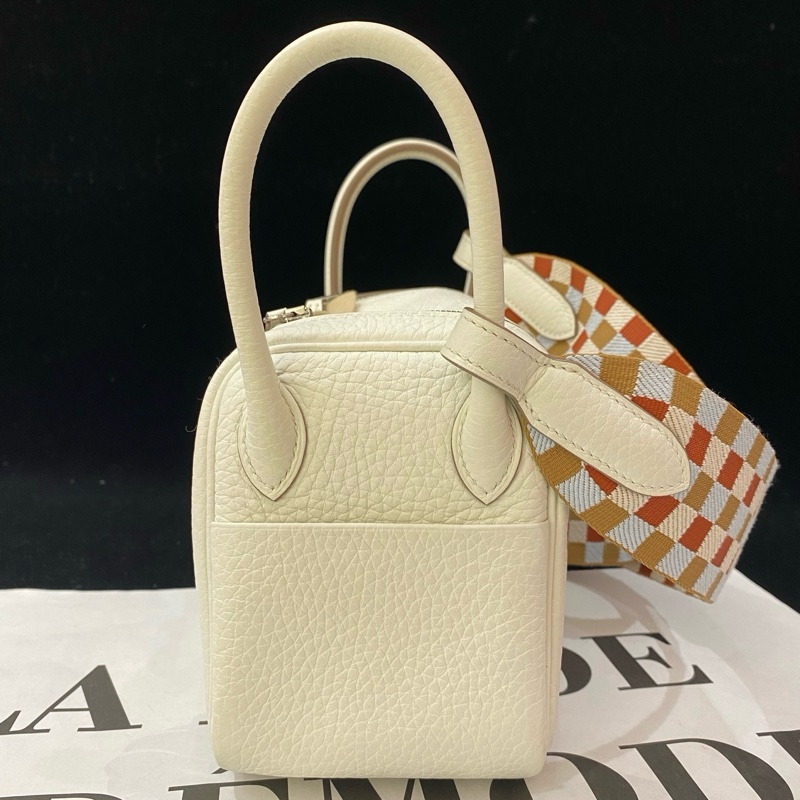 閒置新Hermes/愛馬仕Mini lindy 蘑菇白 編織肩帶手提包斜背包U刻 銀扣❤️正品-6