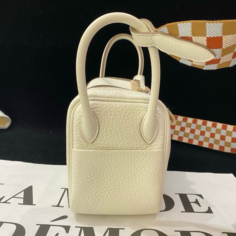 閒置新Hermes/愛馬仕Mini lindy 蘑菇白 編織肩帶手提包斜背包U刻 銀扣❤️正品-7