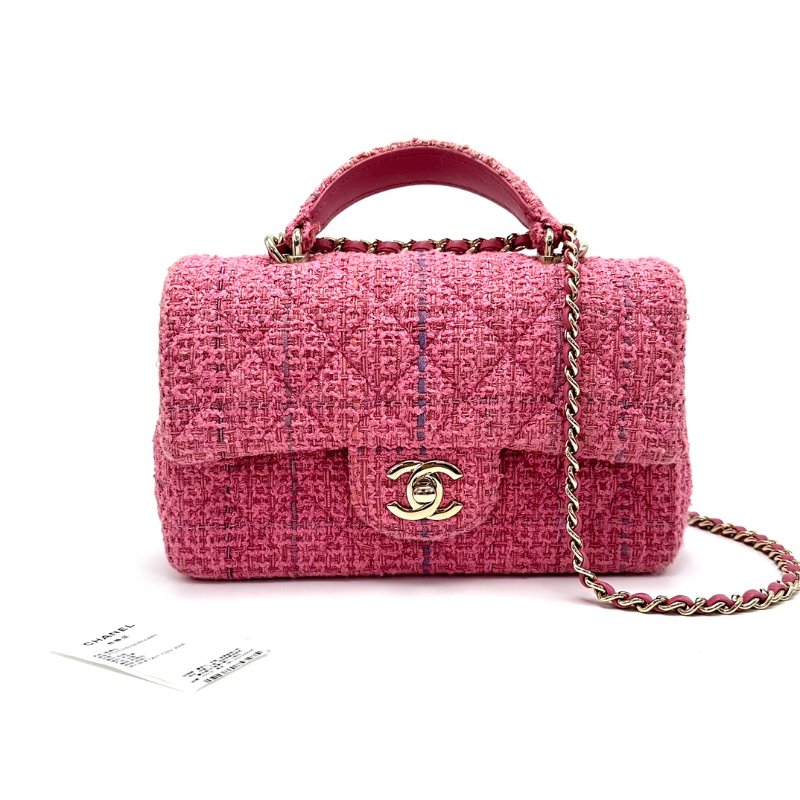 CHANEL 24p紫粉色金扣大mini手提肩背斜背包20*12.5*6.5 98新配件塵袋-1
