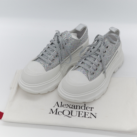 Alexander McQueen 亞歷山大·麥昆 Tread Slick 全銀亮粉 Holo Silver Glitter 亮面織物 繫帶後底運動鞋