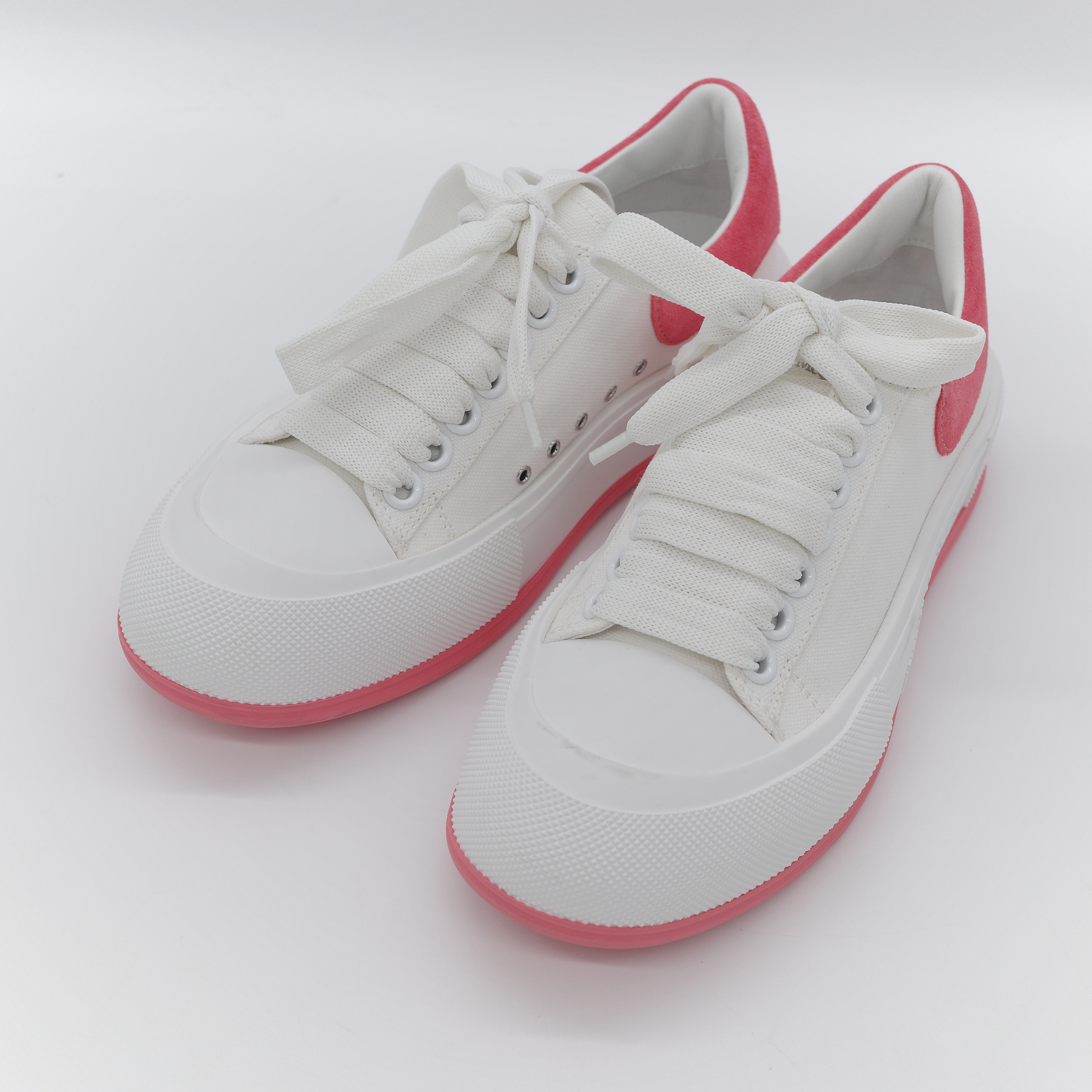 Alexander McQueen 亞歷山大·麥昆 Deck Plimsoll 白色 粉色 帆布 麂皮橡膠 繫帶厚底運動鞋-1