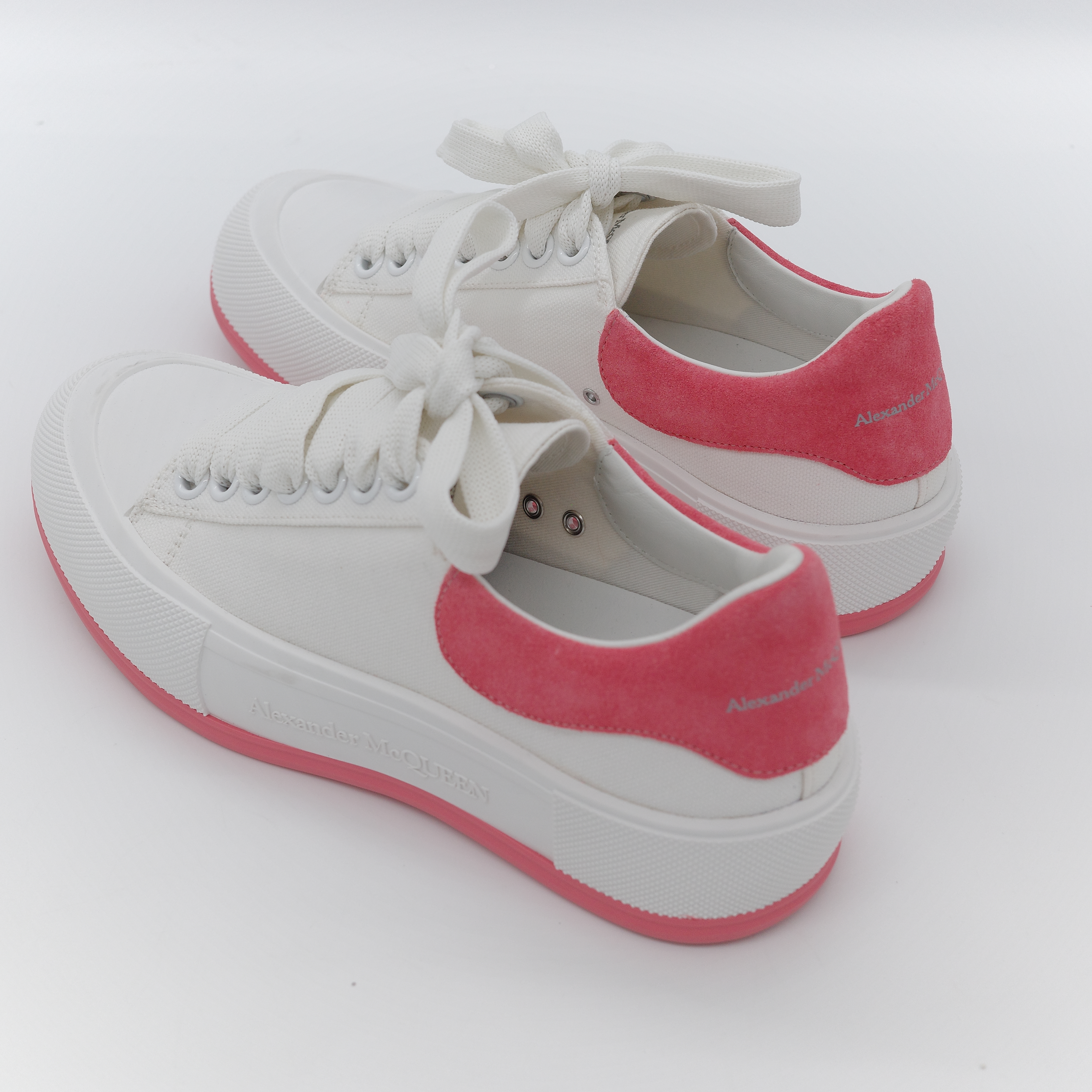 Alexander McQueen 亞歷山大·麥昆 Deck Plimsoll 白色 粉色 帆布 麂皮橡膠 繫帶厚底運動鞋-3