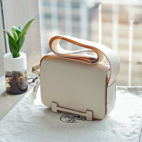 💖正品✨閒置新Hermes/愛馬仕 Gate 木屐包斜背包 奶油白 銀扣 U刻