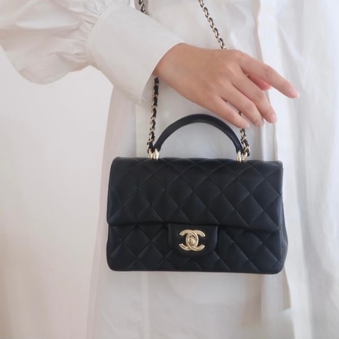 香奈兒coco20 CHANEL黑色羊皮淡金釦手把CF20大mini AS243