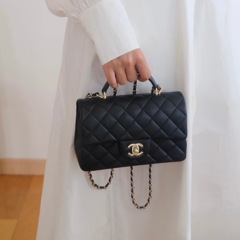 香奈兒coco20 CHANEL黑色羊皮淡金釦手把CF20大mini AS243-1