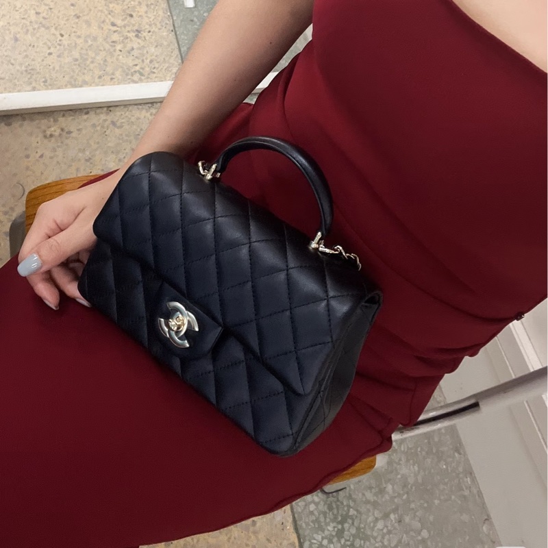 香奈兒coco20 CHANEL黑色羊皮淡金釦手把CF20大mini AS243-6