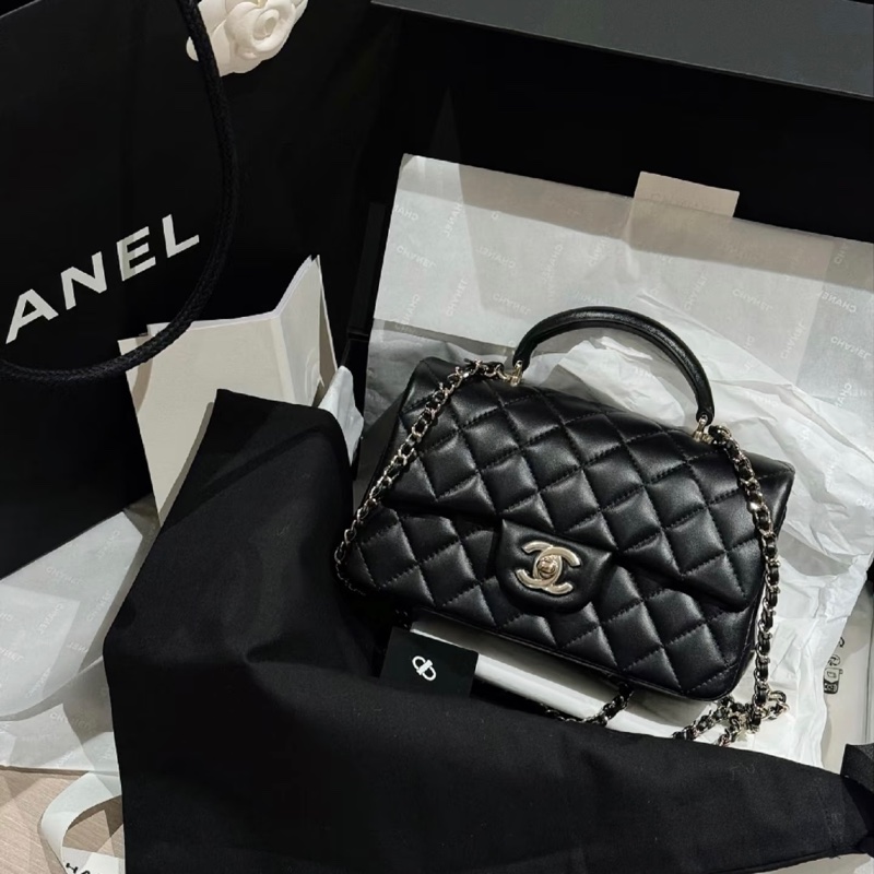 香奈兒coco20 CHANEL黑色羊皮淡金釦手把CF20大mini AS243-8
