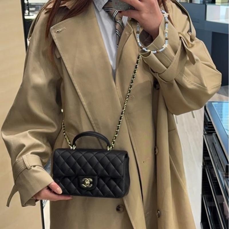 香奈兒coco20 CHANEL黑色羊皮淡金釦手把CF20大mini AS243-9
