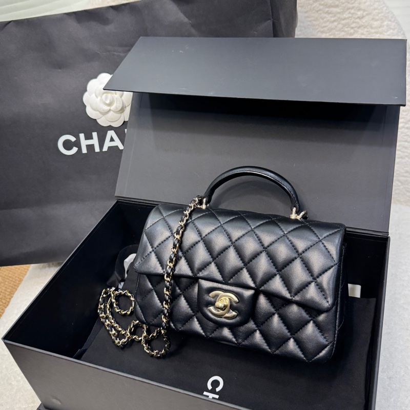 香奈兒coco20 CHANEL黑色羊皮淡金釦手把CF20大mini AS243-10