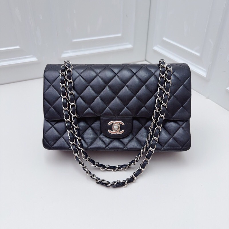 98新 CHANEL香奈兒12開黑銀CF經典口蓋包-9