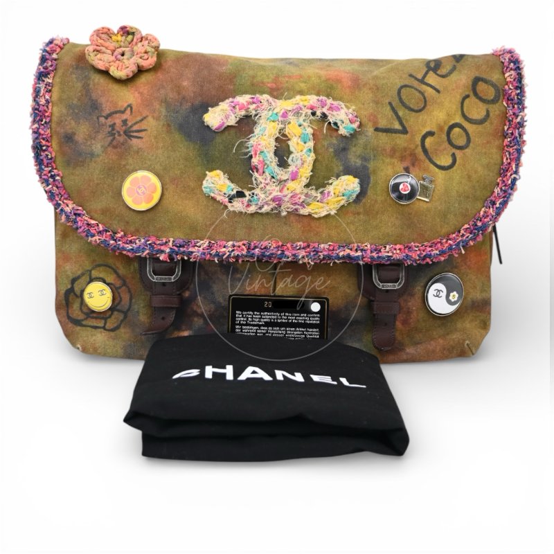 中古 Chanel 香奈兒 街頭塗鴉 水洗帆布 大號 多色 信差包-23