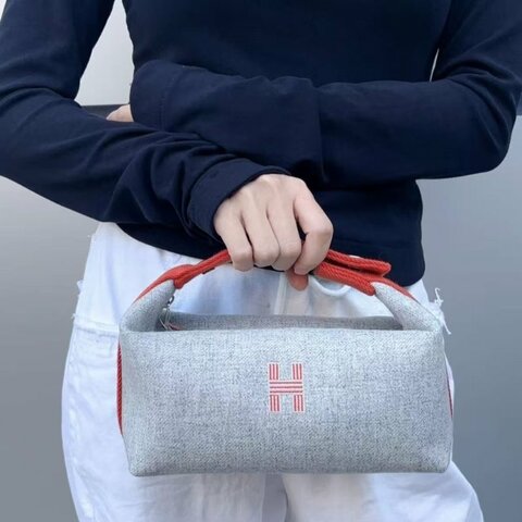HERMES Bride-a-Brac拼色帆布大號飯盒包 25*13*15  99新配件塵袋