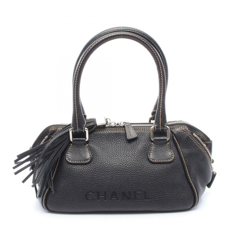 香奈兒 (CHANEL) 黑色皮革壓花logo流蘇手提包 23051，二手女士 SHW CC Coco