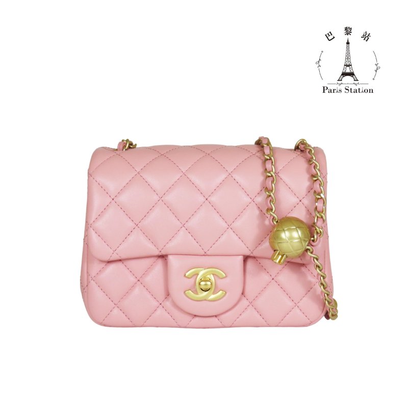 【巴黎站二手名牌專賣店】*現貨*CHANEL香奈兒真品*粉色菱格紋金球COCO方胖子斜背鍊包 口蓋包-0