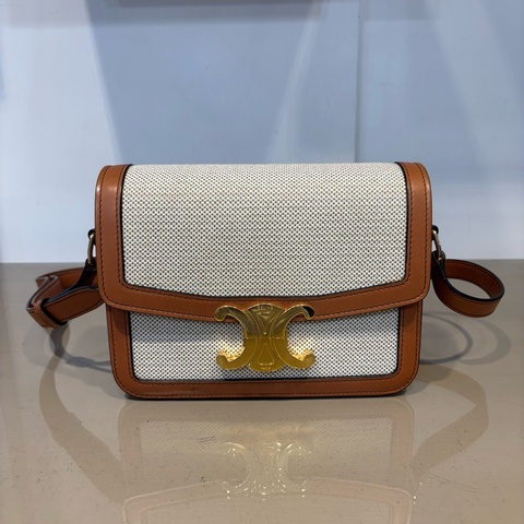 Celine 帆布拚咖牛皮Teen Triomphe 斜背包
