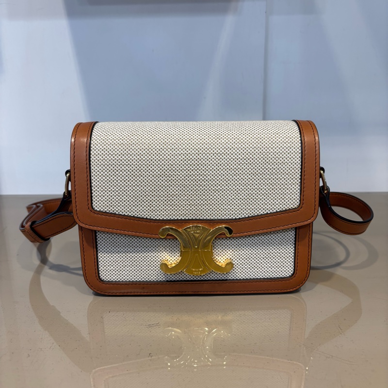 Celine 帆布拚咖牛皮Teen Triomphe 斜背包-0