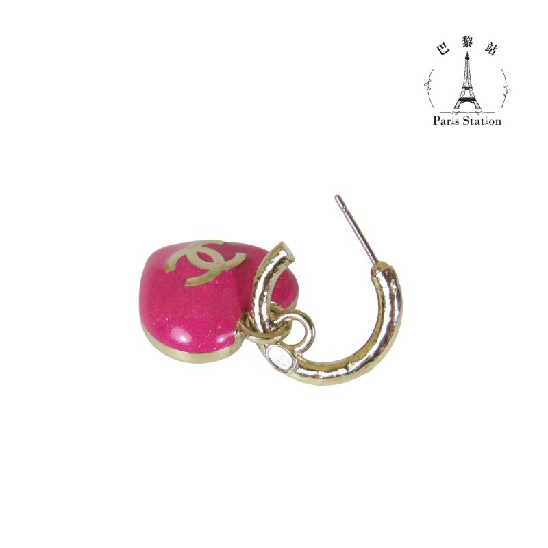【巴黎站二手名牌專賣店】*現貨*CHANEL 香奈兒 真品* 23P 芭比漸變粉色 滿鑽愛心雙面雙 C Logo 吊墜金色垂墜耳環-1