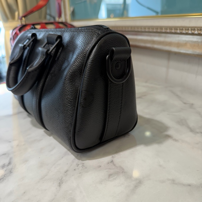 LV 黑原花拼黑牛皮Keepall Bandouliere25黑釦一字拉手提肩斜背包M28369-2
