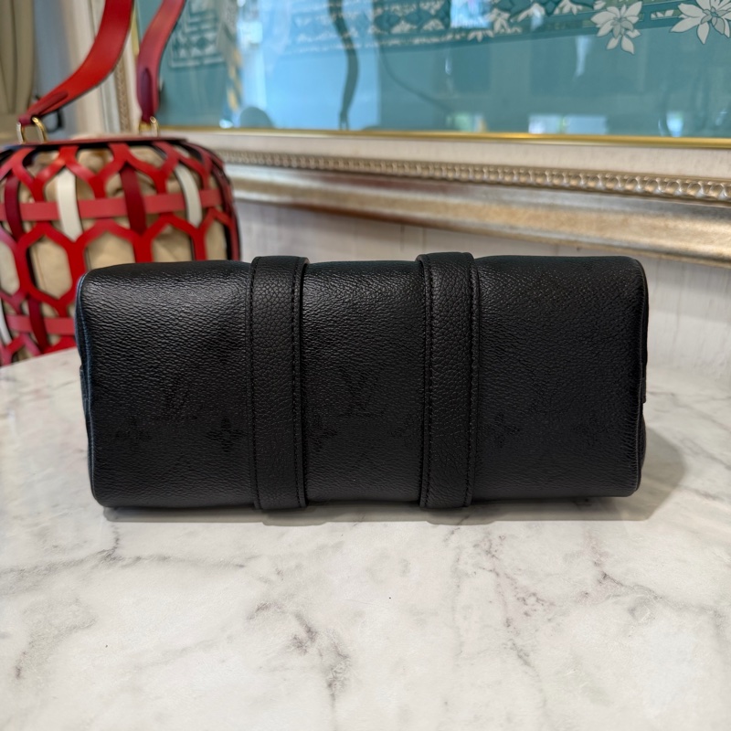 LV 黑原花拼黑牛皮Keepall Bandouliere25黑釦一字拉手提肩斜背包M28369-4