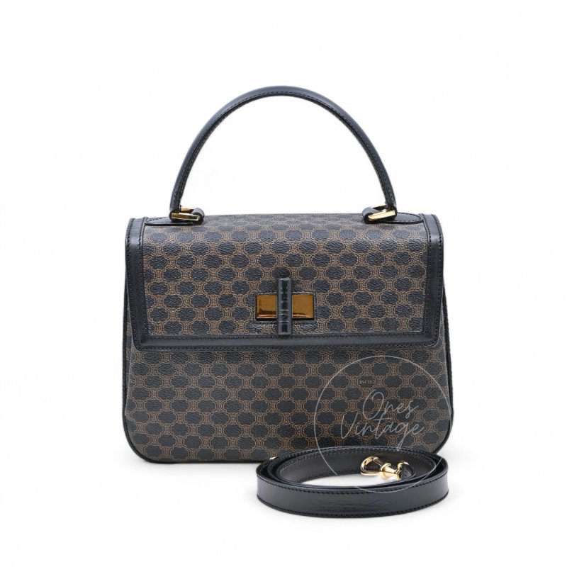 中古 Celine 賽琳 復古Macadam 經典老花圖案 轉扣 手提包-1