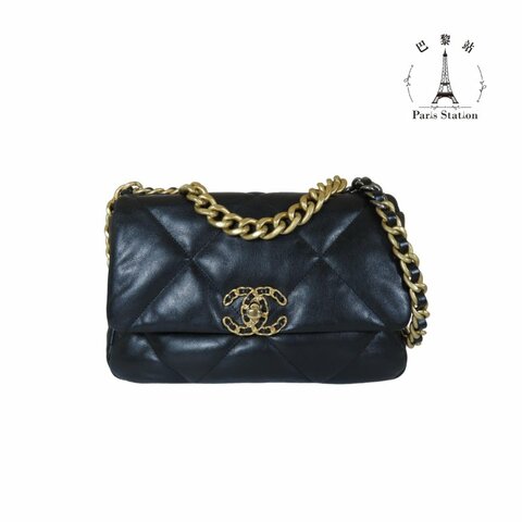【巴黎站二手名牌專賣店】＊現貨＊CHANEL 香奈兒 真品＊黑色菱格紋皮革19系列金釦26手提斜背包